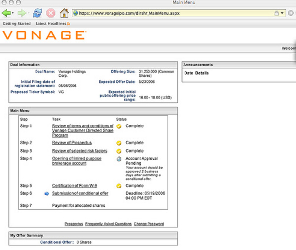 Vonage online IPO offering to Vonage customers